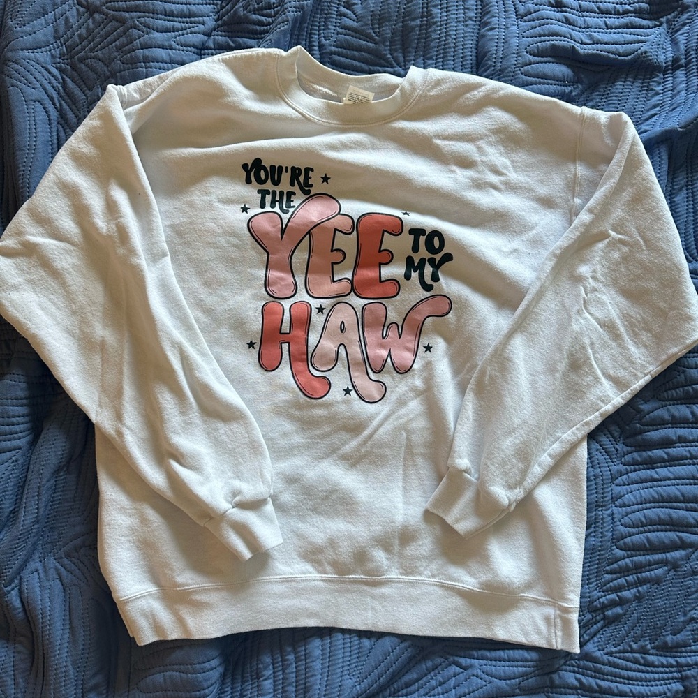 White Sweatshirt with Pink Graphic